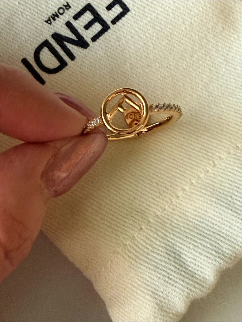 Fendi Gold Logo Circle Ring with Pavé Band Size Large Brand New - Picture 6 of 8